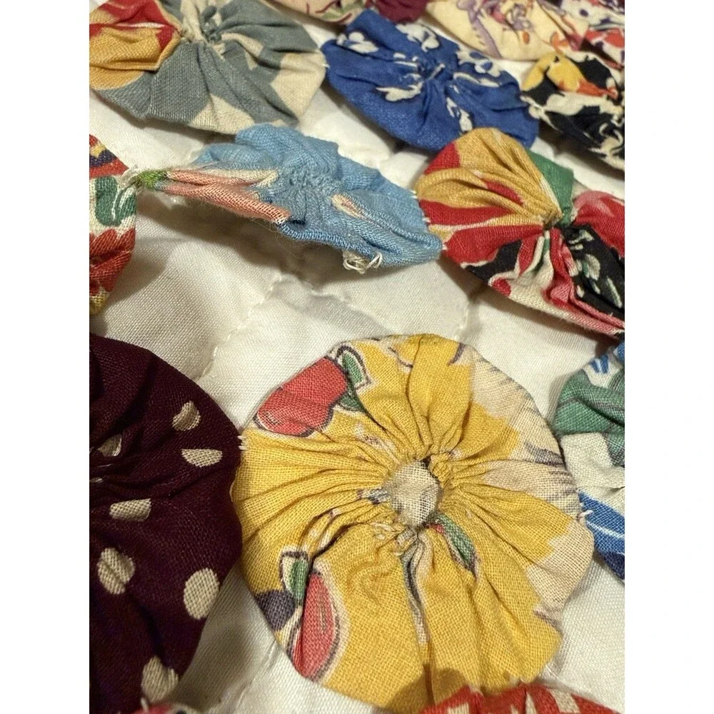 Antique Yo Yo Quilt Diamond Pattern Large Queen/small King 92” X 96” Scalloped
